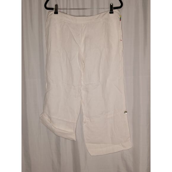 Seasalt Roll Cuff Straight Wide Leg 100% Linen Cropped Capri Pants White Sheer L - Picture 2 of 11